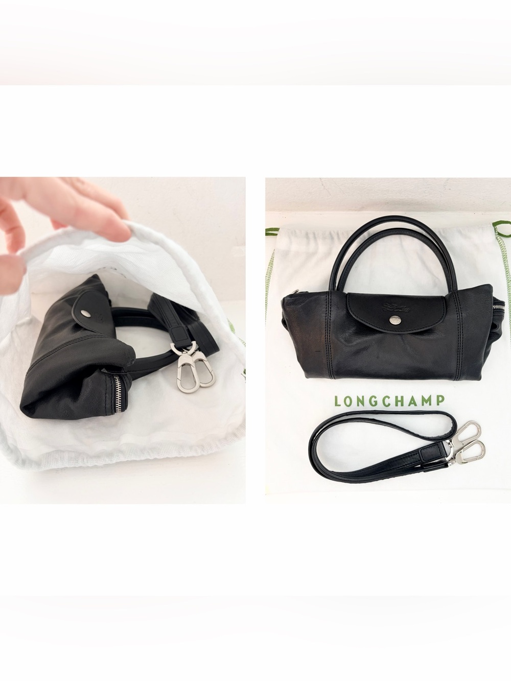 ❤️SOLD❤️ Longchamp Le Pliage Cuir Medium Black Leather Top Handle Crossbody Bag - Picture 10 of 16